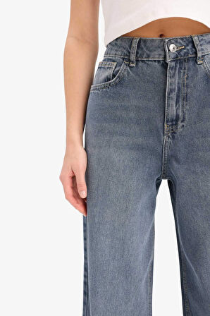 Wide Leg Yüksek Bel Uzun Jean Yıkamalı Pantolon