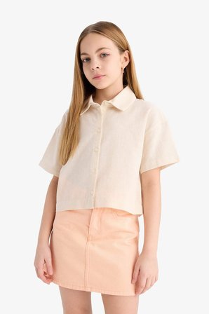 DeFacto %100 Pamuk Cropped Fit Pamuklu Sırt Baskılı Kısa Kollu Gömlek Kız Çocuk E4258A825SMBG132