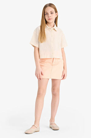 Kız Çocuk Cropped Fit Pamuklu Kısa Kollu Gömlek