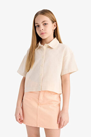 Kız Çocuk Cropped Fit Pamuklu Kısa Kollu Gömlek