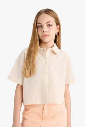 DeFacto %100 Pamuk Cropped Fit Pamuklu Sırt Baskılı Kısa Kollu Gömlek Kız Çocuk E4258A825SMBG132