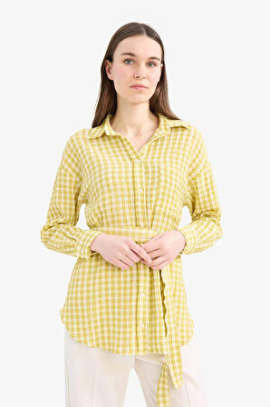 DeFacto Relax Fit Pötikareli Gofre Dokulu Kuşaklı Uzun Kollu Tesettür Gömlek Tunik E4558AX25SMKH519