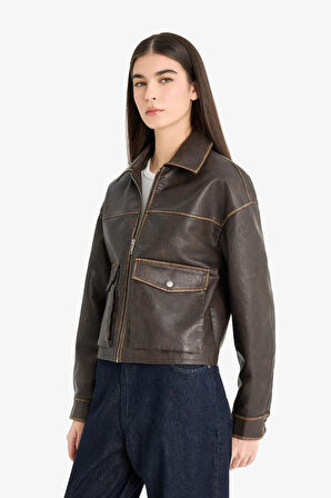 Relax Fit Polo Yaka Tafta Suni Deri Mont