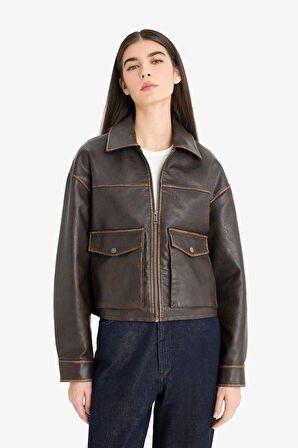 Relax Fit Polo Yaka Tafta Suni Deri Mont