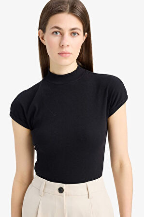 DeFacto Slim Fit Dar Kesim Yarım Balıkçı Yaka Basic Düz Fitilli Kaşkorse Kısa Kollu Tişört F0365AX25SPBK81