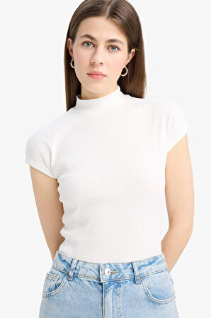 DeFacto Slim Fit Dar Kesim Yarım Balıkçı Yaka Basic Düz Fitilli Kaşkorse Kısa Kollu Tişört F0365AX25SPER105