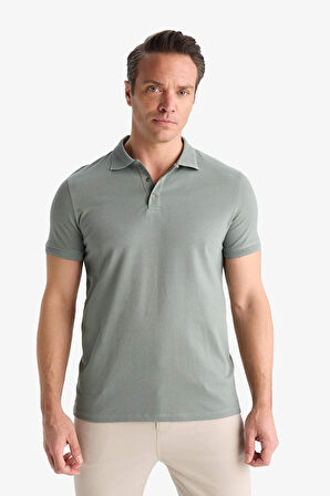 DeFacto Slim Fit Dar Kesim Polo Yaka Kısa Kollu Dokulu Basic Düz Tişört T5259AZ25SMGN1153