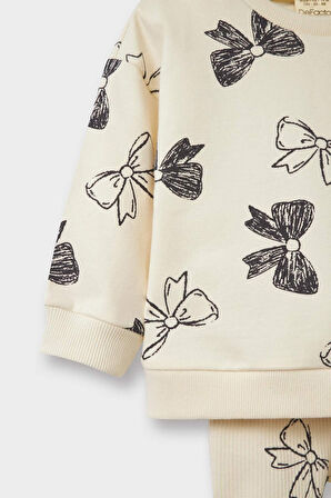 Kız Bebek 2'li Takım Fiyonk Desenli Sweatshirt İspanyol Paça Tayt