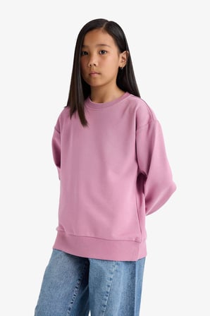 Defacto A2797A8PN455 Pembe Kız Çocuk Relax Fit Bisiklet Yaka Basic Düz Okul Sweatshirt