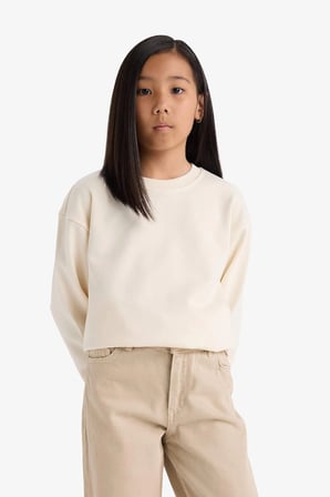 Defacto A2797A8ER134 Ekru Kız Çocuk Relax Fit Bisiklet Yaka Basic Düz Okul Sweatshirt
