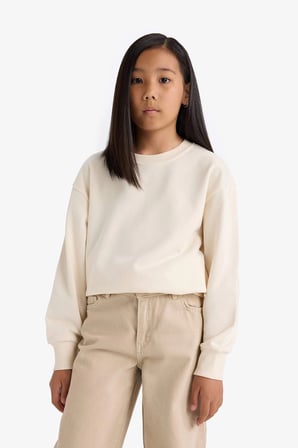 Defacto A2797A8ER134 Ekru Kız Çocuk Relax Fit Bisiklet Yaka Basic Düz Okul Sweatshirt