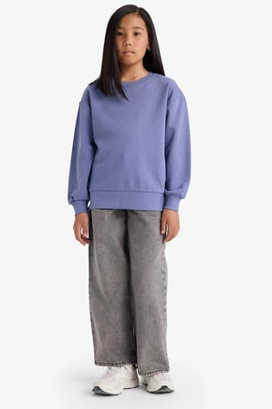 Defacto A2797A8PR510 Mor Kız Çocuk Relax Fit Bisiklet Yaka Basic Düz Okul Sweatshirt