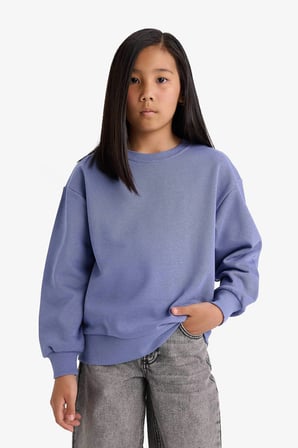 Defacto A2797A8PR510 Mor Kız Çocuk Relax Fit Bisiklet Yaka Basic Düz Okul Sweatshirt