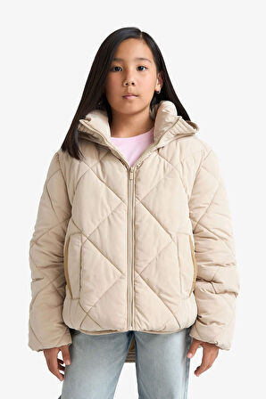 Kız Çocuk Su Geçirmez Kapüşonlu Fermuarlı Mont