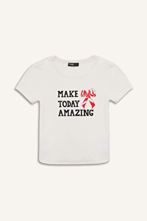 DeFacto Coool Fitted Bisiklet Yaka Baskılı Ribana Kısa Kollu Tişört E7988AX25SPWT32