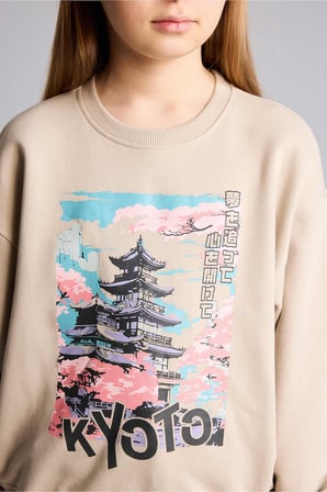 DeFacto Relax Fit Bisiklet Yaka Baskılı Sweatshirt Kız Çocuk E6843A825WNBG187