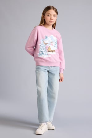 DeFacto Relax Fit Bisiklet Yaka Baskılı Sweatshirt Kız Çocuk E6843A825WNPN454