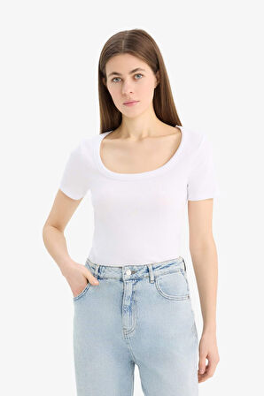 Slim Fit Dar Kesim Bisiklet Yaka Basic Düz Fitilli Kaşkorse Kısa Kollu Tişört