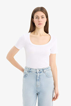 Slim Fit Dar Kesim Bisiklet Yaka Basic Düz Fitilli Kaşkorse Kısa Kollu Tişört