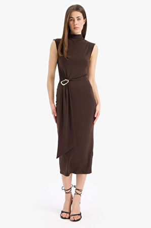 Bodycon Vücudu Saran Balikçı Yaka Basic Düz Tokalı Kolsuz Midi Elbise