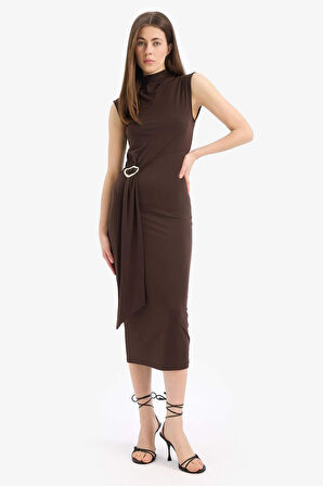 Bodycon Vücudu Saran Balikçı Yaka Basic Düz Tokalı Kolsuz Midi Elbise