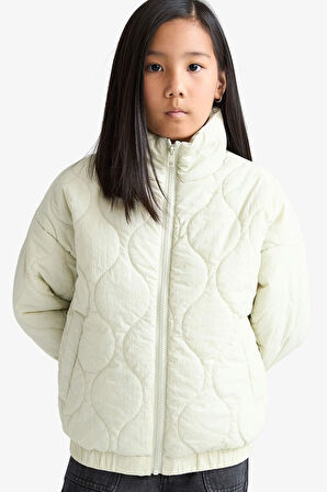 Kız Çocuk Su Geçirmez Sırt Baskılı Fermuarlı Kapitoneli Mont