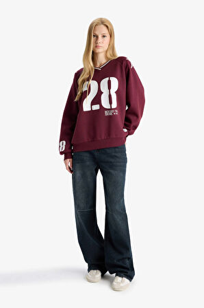 Defacto E8793AXBR467 Bordo Coool Oversize Geniş Kalıp V Yaka Baskılı Kalın Sweatshirt