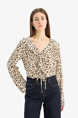 Regular Fit V Yaka Leopar Desenli Maroken Uzun Kollu Gömlek