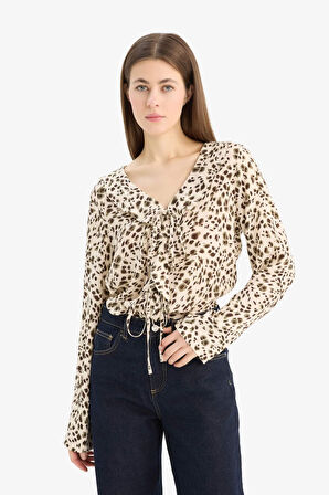 Regular Fit V Yaka Leopar Desenli Maroken Uzun Kollu Gömlek