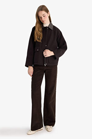 Regular Fit Polo Yaka Fermuarlı Kaşe Mont