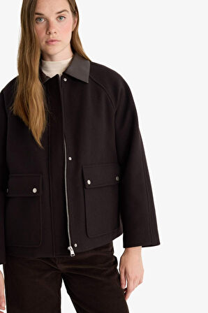 Regular Fit Polo Yaka Fermuarlı Kaşe Mont