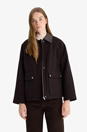 Regular Fit Polo Yaka Fermuarlı Kaşe Mont