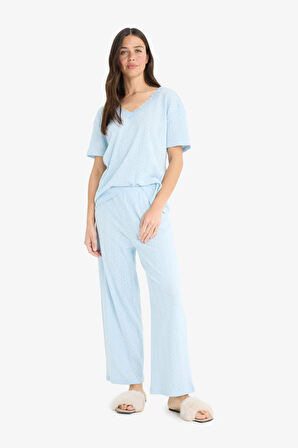 Regular Fit Pijama Takımı Kısa Kollu V Yaka Pijama Üstü Esnek Belli Uzun Pijama Altı-Fall in Love