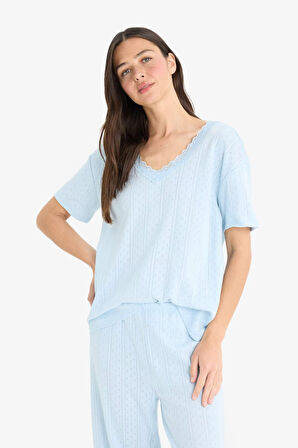Regular Fit Pijama Takımı Kısa Kollu V Yaka Pijama Üstü Esnek Belli Uzun Pijama Altı-Fall in Love