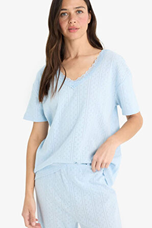Regular Fit Pijama Takımı Kısa Kollu V Yaka Pijama Üstü Esnek Belli Uzun Pijama Altı-Fall in Love