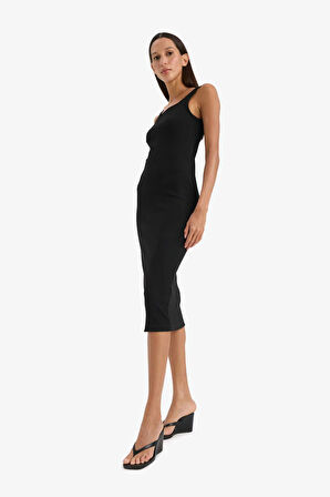 DeFacto Bodycon Vücudu Saran Kare Yaka Basic Düz Fitilli Kaşkorse Askılı Midi Siyah Yazlık Elbise Z7577AZ25SMBK81