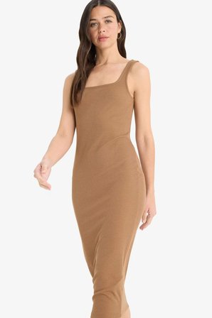 DeFacto Bodycon Vücudu Saran Kare Yaka Fitilli Kaşkorse Askılı Midi Yazlık Elbise Z7577AZ25SMBN218