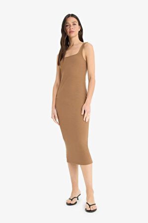 DeFacto Bodycon Vücudu Saran Kare Yaka Fitilli Kaşkorse Askılı Midi Yazlık Elbise Z7577AZ25SMBN218