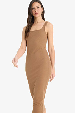 DeFacto Bodycon Vücudu Saran Kare Yaka Fitilli Kaşkorse Askılı Midi Yazlık Elbise Z7577AZ25SMBN218