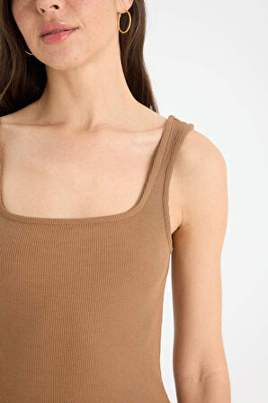 DeFacto Bodycon Vücudu Saran Kare Yaka Fitilli Kaşkorse Askılı Midi Yazlık Elbise Z7577AZ25SMBN218