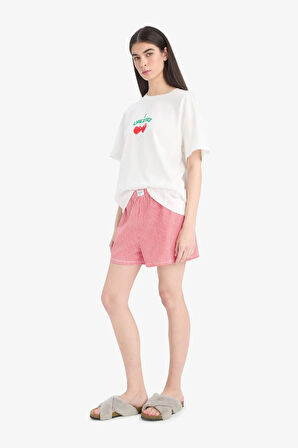 Regular Fit Pijama Takımı Kısa Kollu Baskılı Pijama Üstü Esnek Belli Şort Pijama Altı-Fall in Love