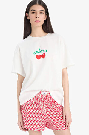 Regular Fit Pijama Takımı Kısa Kollu Baskılı Pijama Üstü Esnek Belli Şort Pijama Altı-Fall in Love