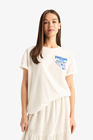 DeFacto Oversize Geniş Kalıp Bisiklet Yaka Sırt Baskılı Kısa Kollu Tişört F1774AX25SMWT32