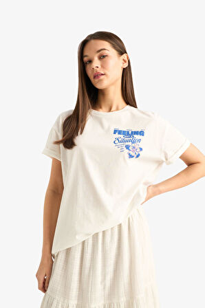 DeFacto Oversize Geniş Kalıp Bisiklet Yaka Sırt Baskılı Kısa Kollu Tişört F1774AX25SMWT32