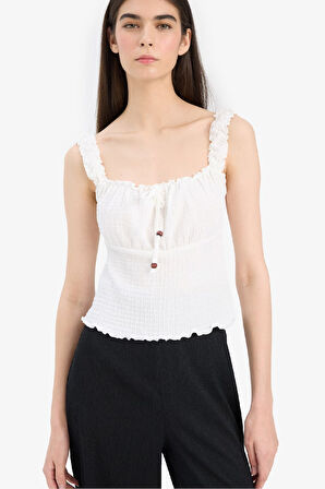 DeFacto Slim Fit Dar Kesim Kare Yaka Bürümcük Beyaz Atlet F3186AX25SMWT16