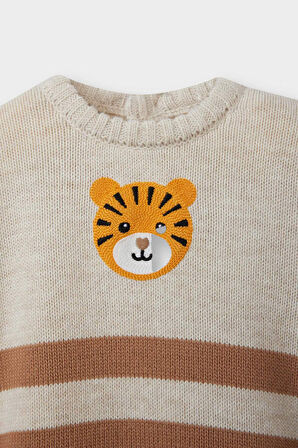 Erkek Bebek Bisiklet Yaka Kaplan Baskılı Çizgili Kazak 