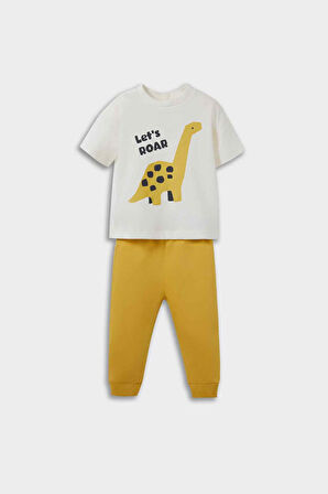 Erkek Bebek 2'li Takım Dinazor Baskılı Kısa Kollu Tişört Eşofman Altı 