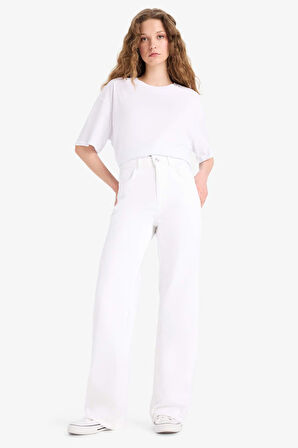 Straight Wide Yüksek Bel Uzun Beyaz Jean Pantolon