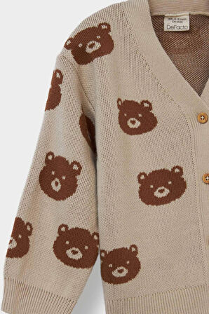 Erkek Bebek Ayıcık Desenli Düğmeli Triko Hırka