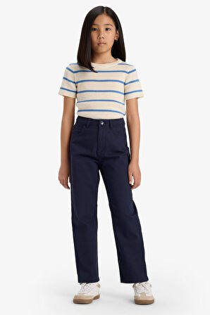 Kız Çocuk Straight Fit Geniş Bol Paça Cepli Pamuklu Okul Pantolonu